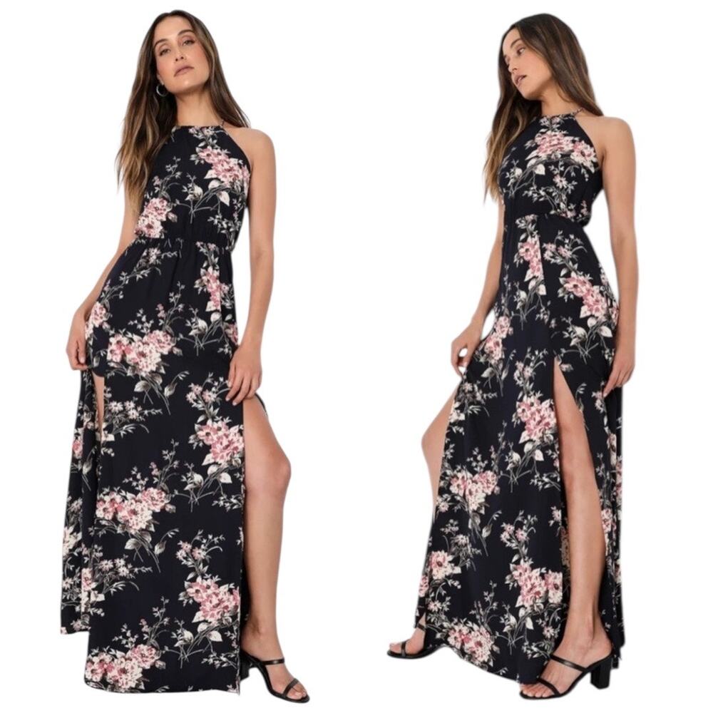 Lulus Feel the Music Midnight Blue Floral Print Maxi Dress Sz Small Baby Shower